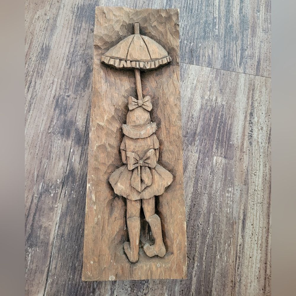 Vintage Hand Carved Girl With Umbrella Wood Wall Hanging